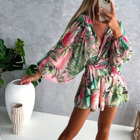Pants - Green Casual Women's Random Floral Print V-Neck Long Sleeve Jumpsuit